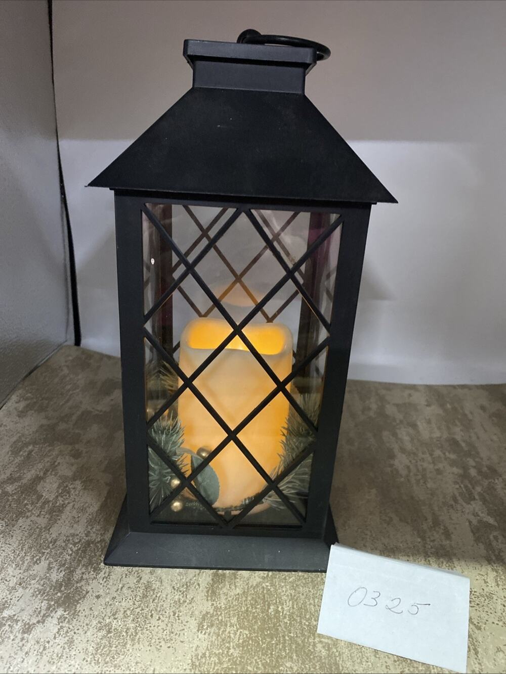 Christmas Glass Decor Tabletop Lantern 11” Flameless Candle Brown W/Greenery